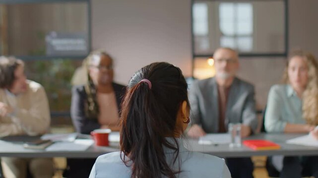 Interview, business people in office for onboarding and recruitment. Collaborative, conversation human resources with hiring team in workplace for job opportunity meeting. HR committee. man woman work