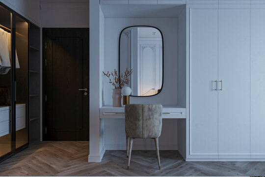 Modern Luxury Bedroom Interior with Minimalist White Dressing Table, Oval Mirror, and Walk-in Closet