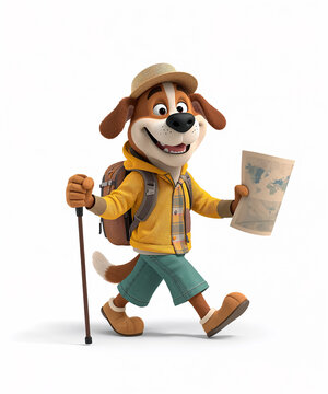 Happy cartoon dog with backpack isolated on white background 3D design