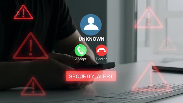 Person holding smartphone with scam call alert and cybersecurity warning on screen, concept of digital fraud protection, phishing risk, online privacy, suspicious caller and mobile security.