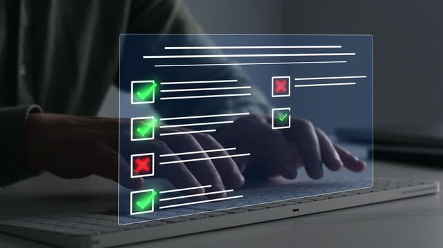 Businessman in computer doing online data documentation checklist survey. Fast checklist,clipboard task business management.Productivity checklist and filling survey form online.	
