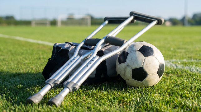 Inspiring adaptive sports concept with generic forearm crutches and an unbranded soccer ball resting on stadium sideline turf