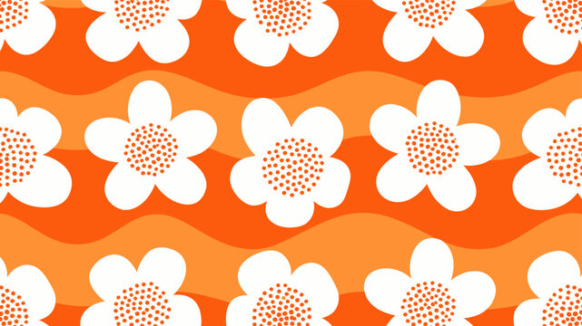 Orange floral seamless pattern wavy flower background summer design