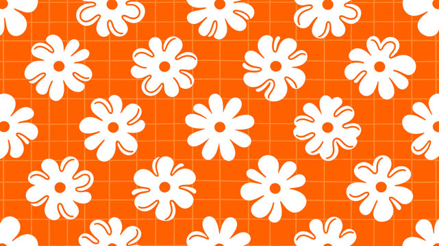 Orange daisy seamless pattern grid floral background retro style