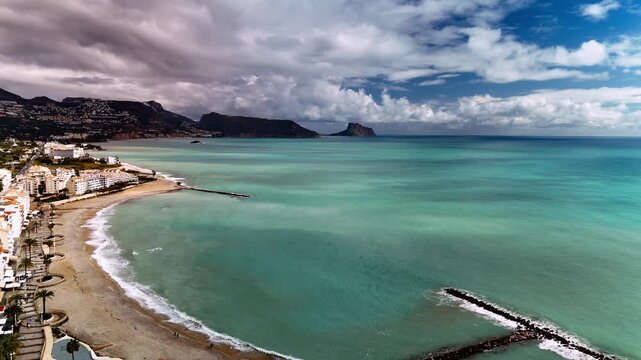Aerial view of Pe&ntilde;&oacute;n de Ifach in Calpe from Altea beach coastline, Spain