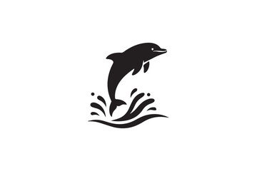 Naklejka premium Silhouette of dolphin jumping from water with splashes in black and white, representing freedom and joy, isolated on white background, modern simple design.