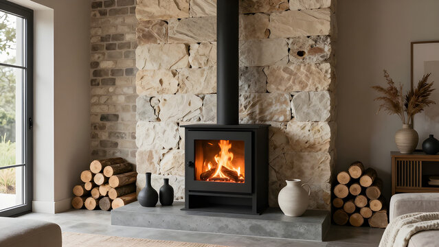 Wood burning stove positioned within a rustic stone block enclosure with a large hearth and decorative log stack