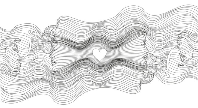 Abstract horizontal background featuring intricate flowing wavy lines in black and white with a small solid white heart positioned in the center.