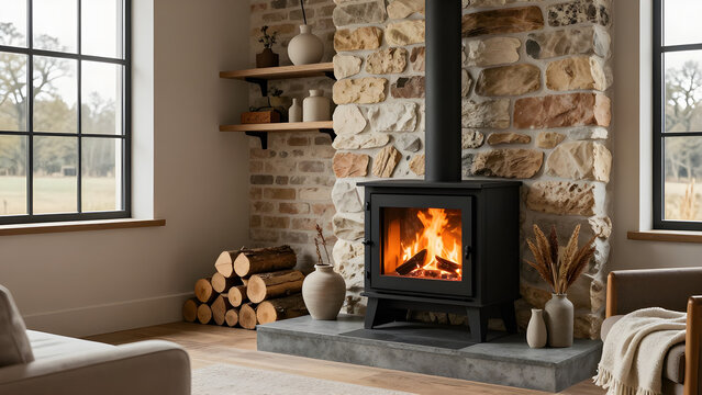 Corner wood burning stove with stone surround in an angled room design featuring an exposed hearth platform.