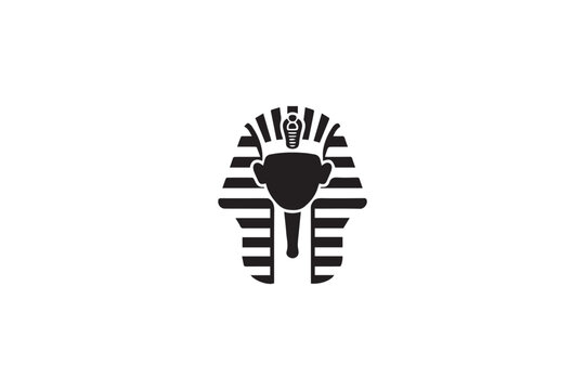 Frontal silhouette of Tutankhamun's mask in black and white, iconic symbol of ancient Egypt, royalty and mystery, isolated on white background, historical artifact.