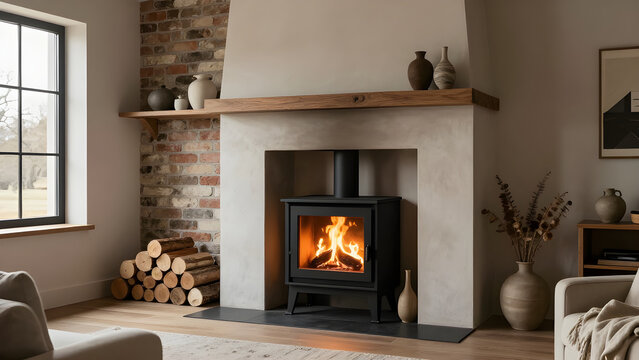 Cozy wood burning stove situated within a traditional smooth plaster chimney breast and surrounding living space