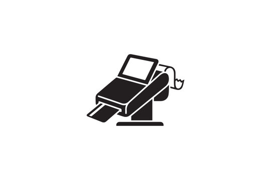 Electronic card payment terminal machine black silhouette icon showing card reader and receipt printer isolated device for financial retail transactions.