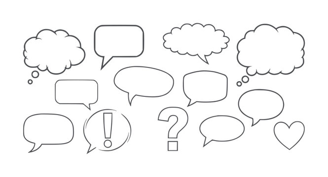 Collection of diverse speech bubbles thought bubbles question mark exclamation point and heart