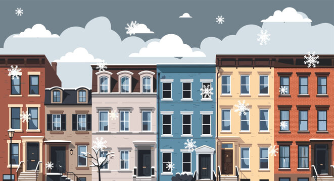 Picturesque row of colorful city brownstone houses during winter with falling snowflakes and grey clouds in a charming pixel art style.