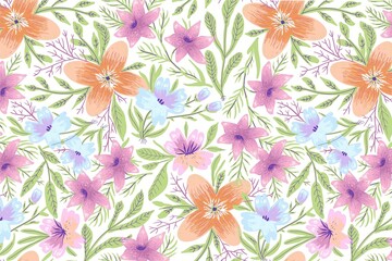 Obraz premium Watercolor floral seamless pattern with purple and orange blossoms on white background