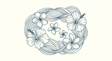 Hand Drawn Hibiscus and Frangipani Floral Wreath with Ocean Waves Graphic Art Vector Background © Salma