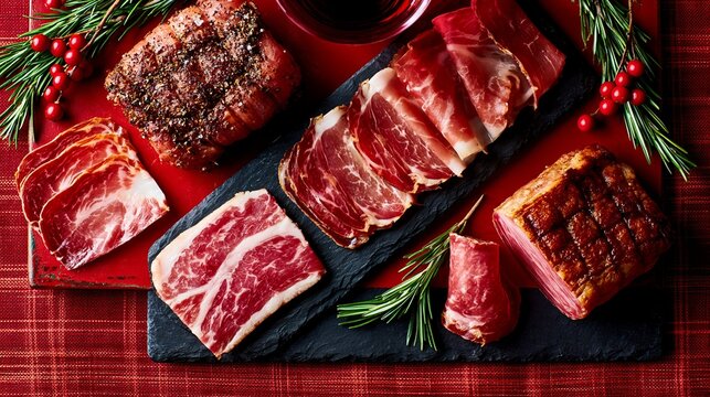 Above, a colorful display of cured meats sits on a red surface, offering a tempting view of delicious food.