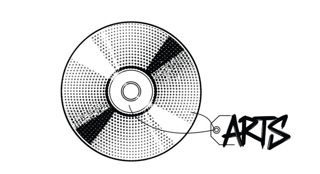 Black and white halftone illustration of a compact disc with a hanging price tag that features the handwritten word arts in a bold font.
