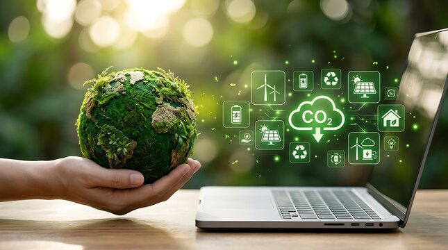 Human hand holding a lush green earth globe with digital icons representing renewable energy and carbon reduction displayed on a laptop screen.