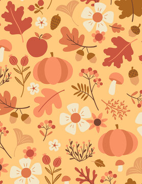 Cute flat vector autumn pattern with pumpkins, apple, flowers, mushrooms, acorns and fall leaves on yellow background
