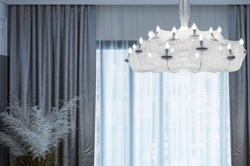 Modern Luxury Interior with Flos Zeppelin Pendant Light and Gray Silk Curtains © Dulal