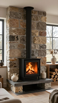 Warm and rustic wood burning stove surrounded by large stone blocks with decorative log arrangement