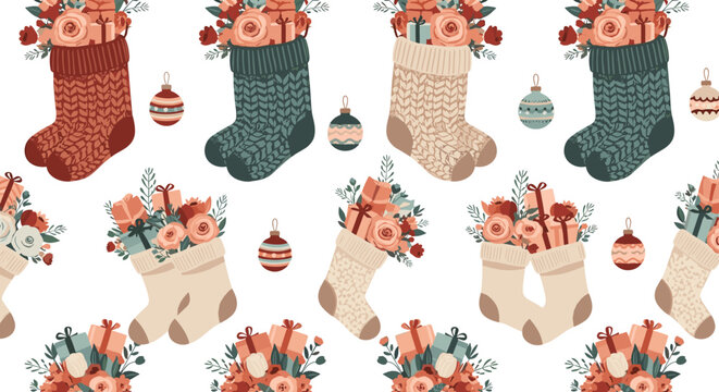 Festive repeating pattern featuring various christmas stockings filled with winter bouquets and gift boxes interspersed with holiday ornaments.