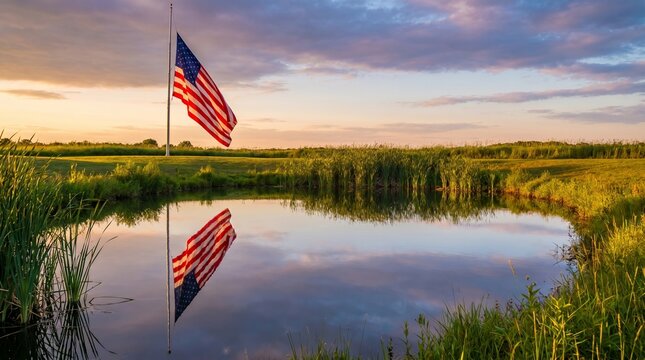 American flag waving in calm water reflection at golden hour sunset over serene wetland landscape