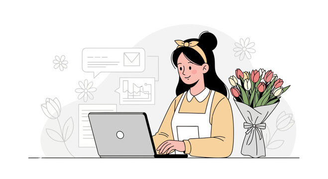 Young woman working on laptop surrounded by flowers, online florist, digital communication concept
