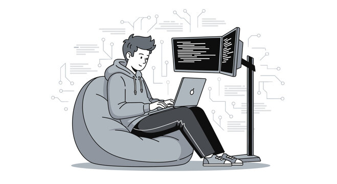 Young programmer coding on laptop and dual monitors while sitting in a beanbag chair, with abstract tech background.