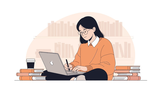 Young Woman Studying with Laptop and Books, Modern Flat Illustration Style