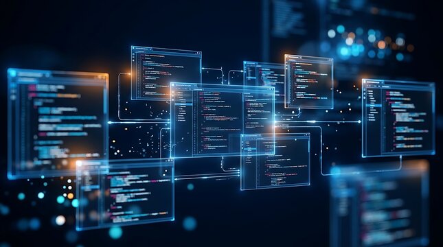 Abstract digital interface displaying complex code on multiple glowing screens interconnected by lines, symbolizing software development and data processing.