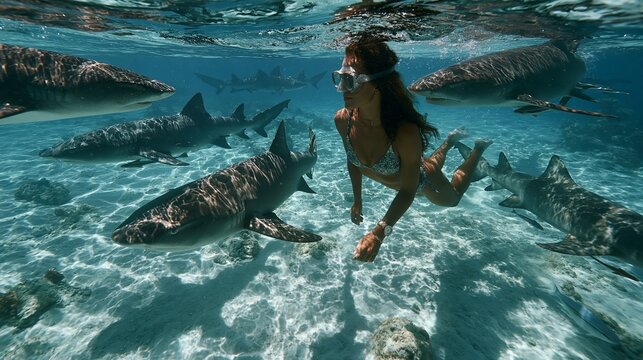 Lady swims with nurse sharks in clear Maldives water.