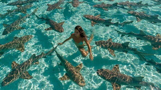 Lady swims with nurse sharks in clear Maldives water.
