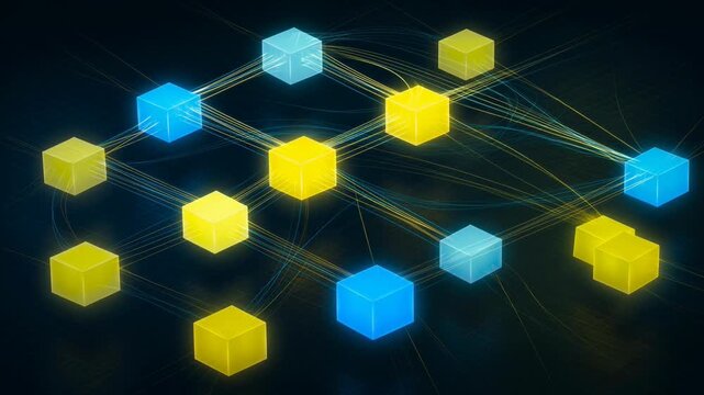 A network of interconnected hexagons in blue and yellow.