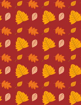 Seamless flat vector pattern of orange and yellow autumn leaves on dark red background
