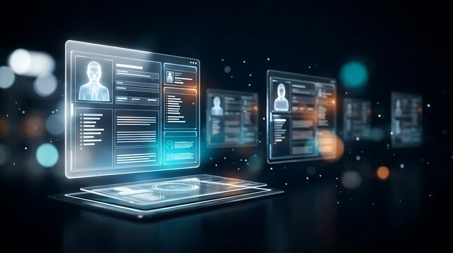 Futuristic holographic digital interface displaying multiple user profiles and data analytics for recruitment, HR, and technology innovation.