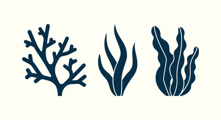 Minimalist Set of Seaweed and Coral Silhouette Icons for Marine and Ocean Undersea Design Projects. © Salma