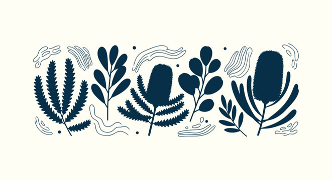 Minimalist Australian Native Flora Silhouette Vector Art with Banksia and Eucalyptus Leaf Shapes