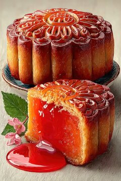 Watercolor painting of a single delicious mooncake on white background