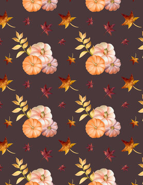 Watercolor seamless autumn pattern with pastel pink and orange pumpkins and maple leaves on dark purple background
