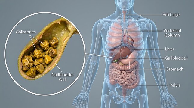 Medical diagram of gallbladder anatomy showing gallstones and human digestive