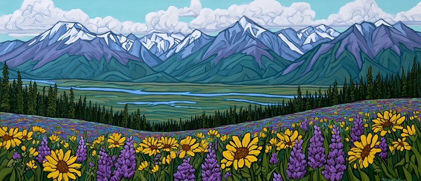 Alaskan landscape, naiive art style paiting