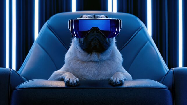 Pug sits on chair with virtual reality headset in modern room with bright blue lights
