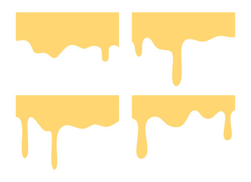 A set of melted yellow cheese dripping down. Melted yellow cheese. Melted yellow cream.