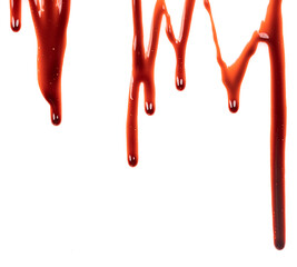 Dripping blood isolated on white background. Flowing bloody stains, splashes and drops. Trail and drips red blood close up © Илья Подопригоров
