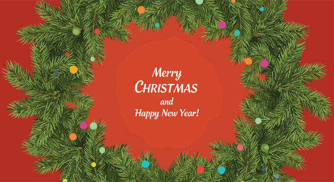 Festive Christmas wreath made of pine branches decorated with colorful ornaments and greeting text on a red background.