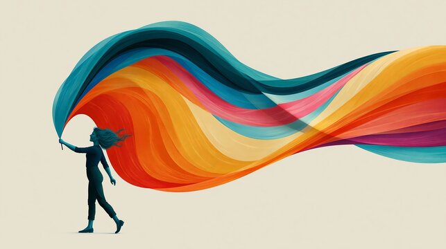 Lady waves colorful pride flag against a light backdrop.
