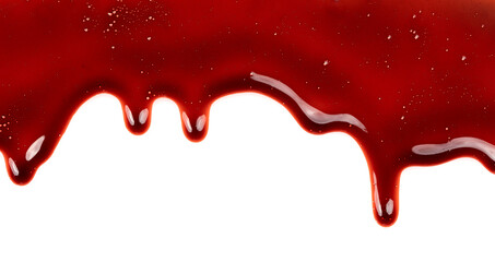 Dripping blood isolated on white background. Flowing bloody stains, splashes and drops. Trail and...