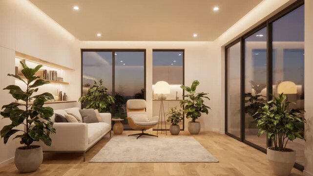 Modern living room interior with large windows and sunset view, a cozy atmosphere for home and relaxation